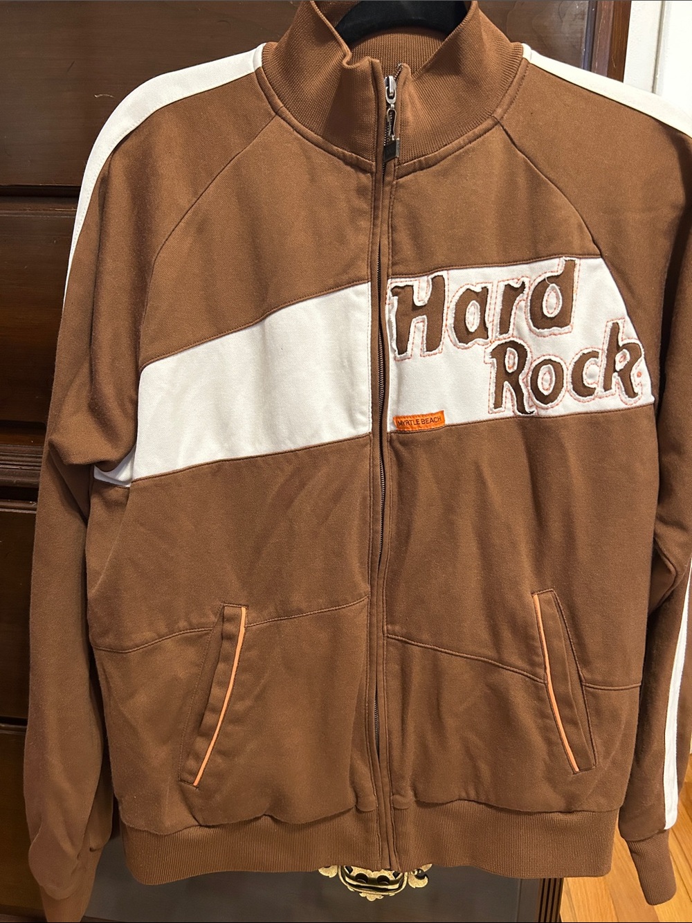 Hard Rock Cafe Brown and White Zip-Front Track Jacket- unisex